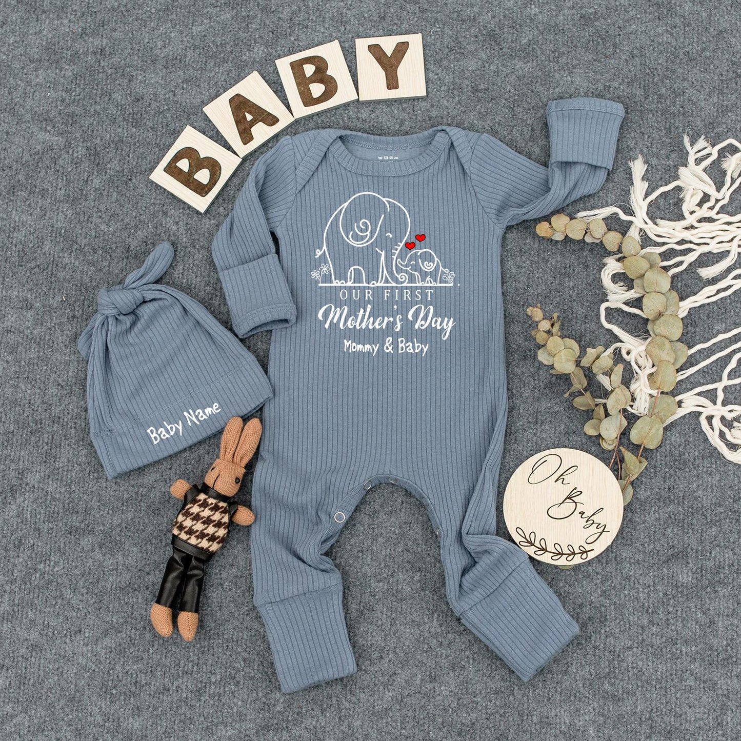 Personalized First Mother's Day Baby Bodysuit Outfit with Hat - Sweet Mommy & Baby Elephant Design - Custom Name Newborn Romper, Cute Gift 138