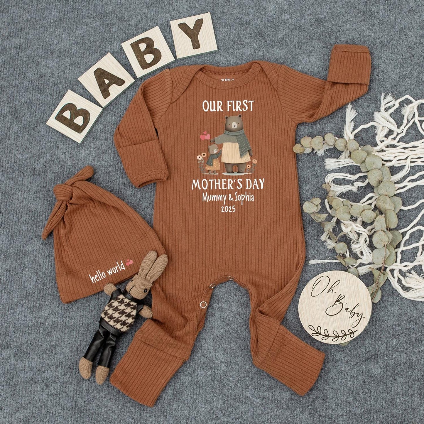 Our First Mother's Day 2025 Outfit, Bears with Heart, Custom Name Baby Romper & Hat, Earthy Floral Newborn Gift for Mommy & Sophia, Cute Bodysuit
