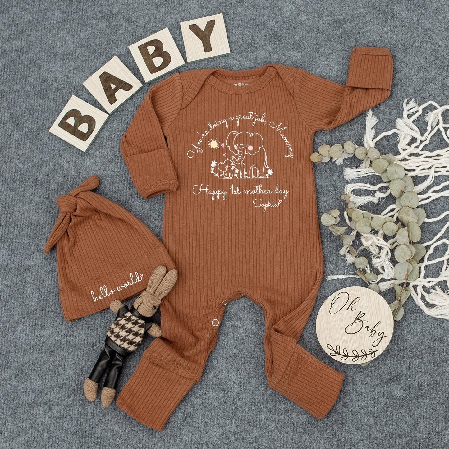 Happy 1st Mother's Day Baby Outfit with Elephant & Flowers for Sophia - Custom Newborn Bodysuit Gift with Hat