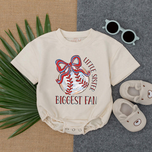 Little Sister Biggest Fan Bubble Romper Baby Baseball Outfit First Birthday Gift