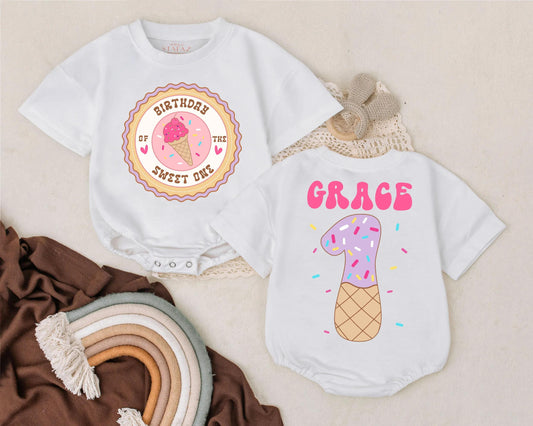 Sweet One Ice Cream 1st Birthday Outfit Baby Girl Romper Custom Name Cake Smash Gift Infant Toddler Clothes