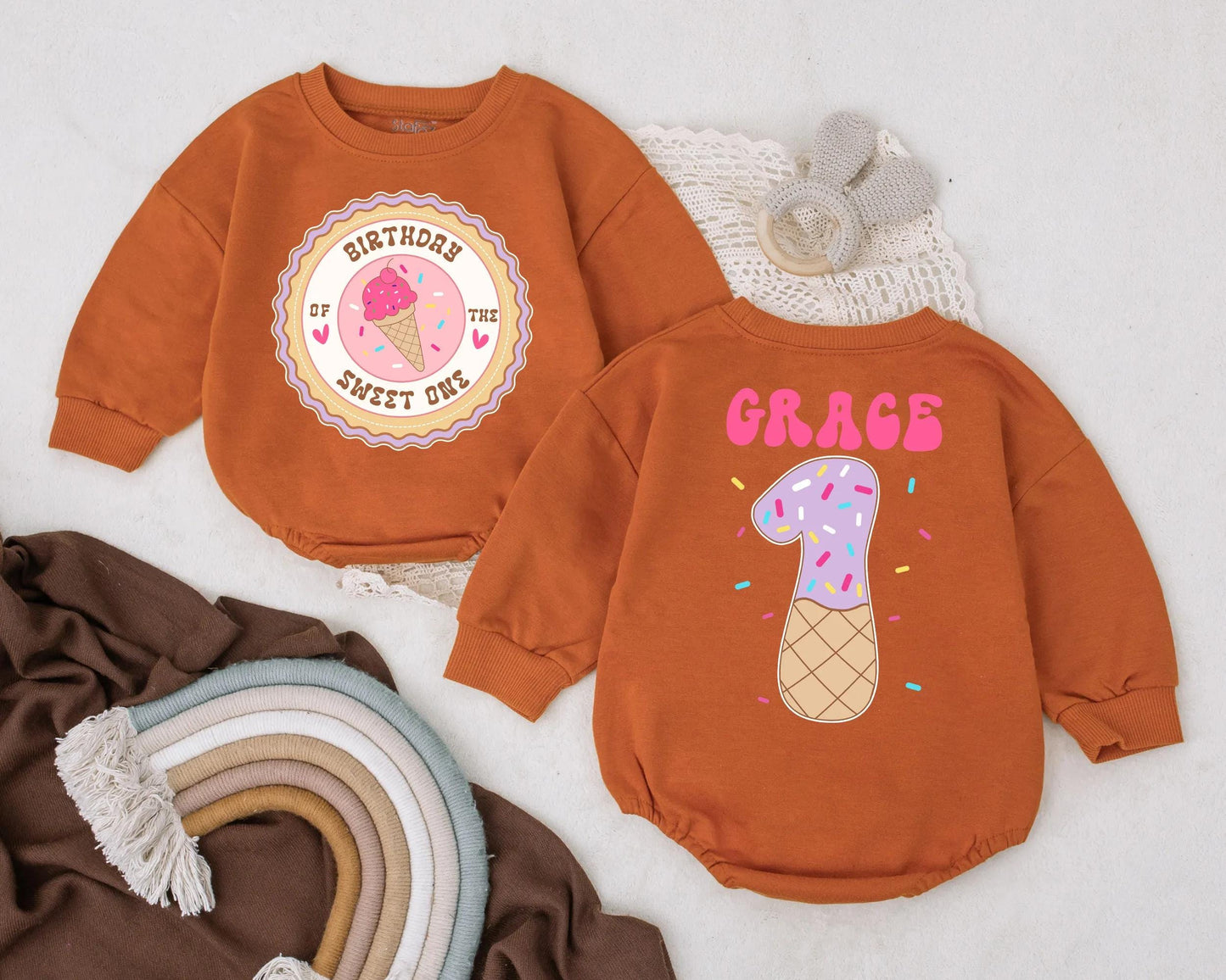 Sweet One Ice Cream 1st Birthday Outfit Baby Girl Romper Custom Name Cake Smash Gift Infant Toddler Clothes