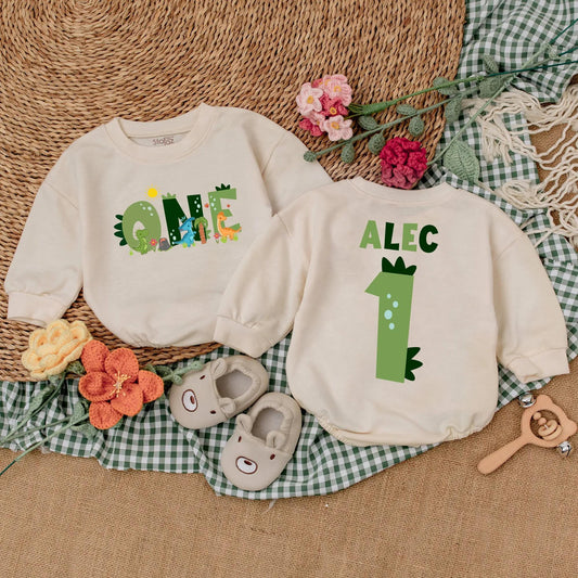 Custom One-A-Saurus Dinosaur 1st Birthday Romper for Boy, Cute Dino Party Outfit, Personalized Baby Bodysuit Gift