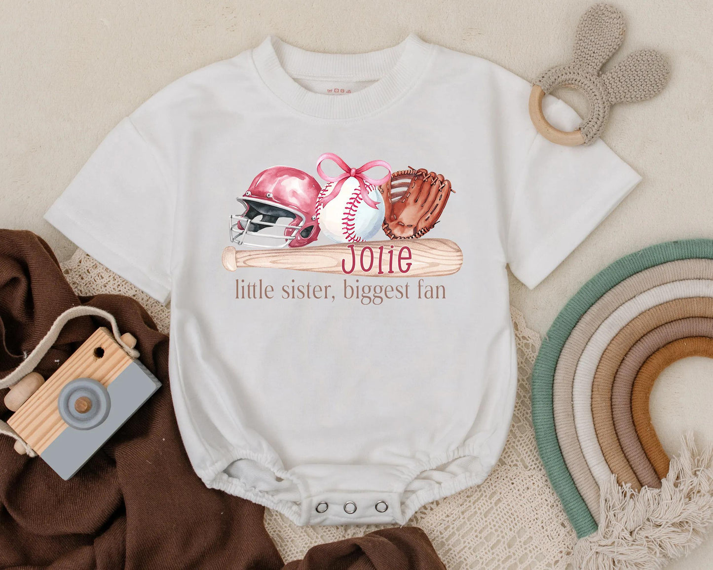 Personalized Softball Bubble Romper Baby Girl Baseball Bodysuit Little Sister Gift Newborn Sports Outfit