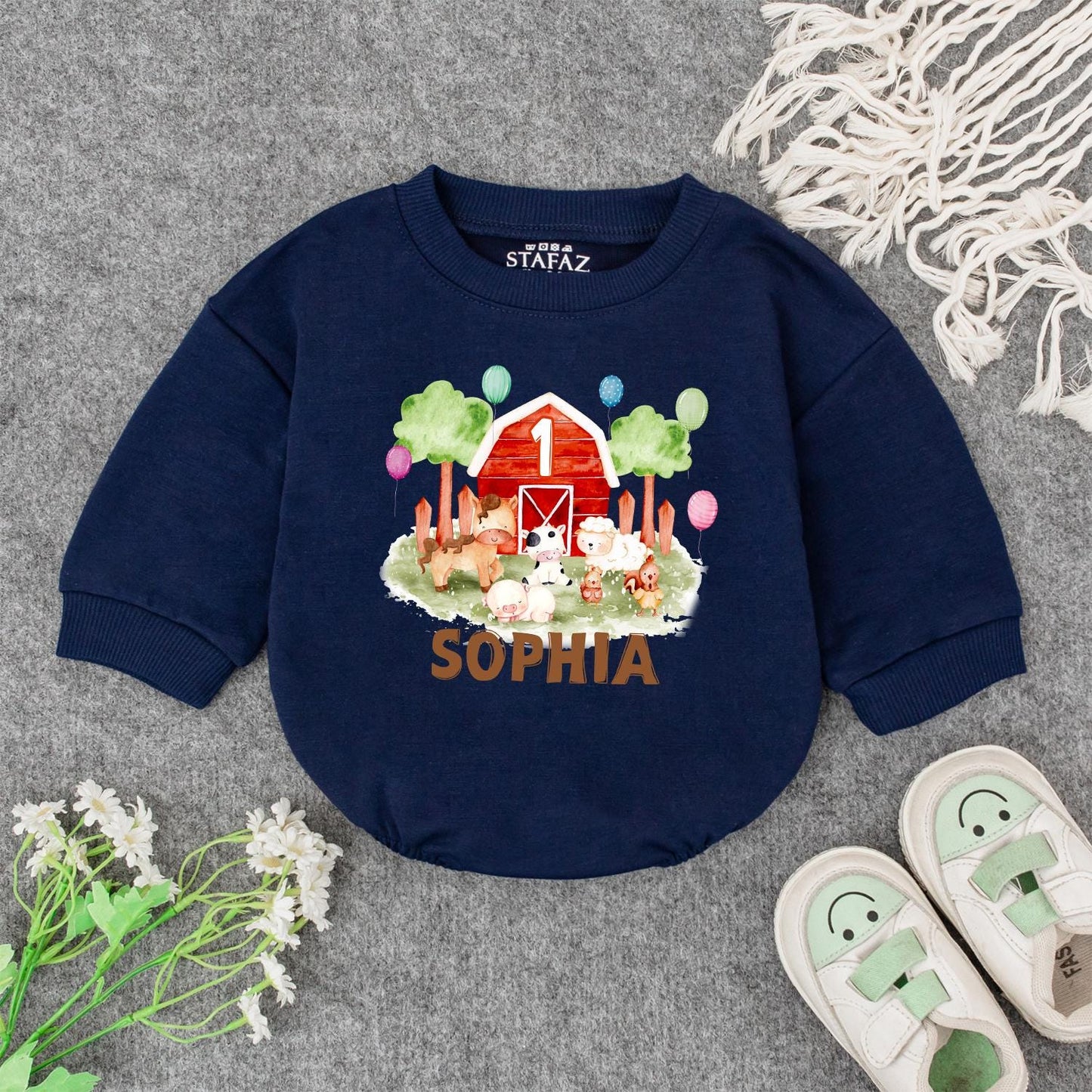 Personalized Farm 1st Birthday Bodysuit Baby Outfit, Red Barn & Animals, Custom Name Romper, Barnyard Party Clothes, Girl or Boy Gift, First Birthday