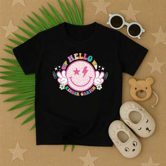 Hello Kindergarten Smiley Face Shirt a joyful back to school outfit for toddlers kids on their first day of preschool or kindergarten comfy tee