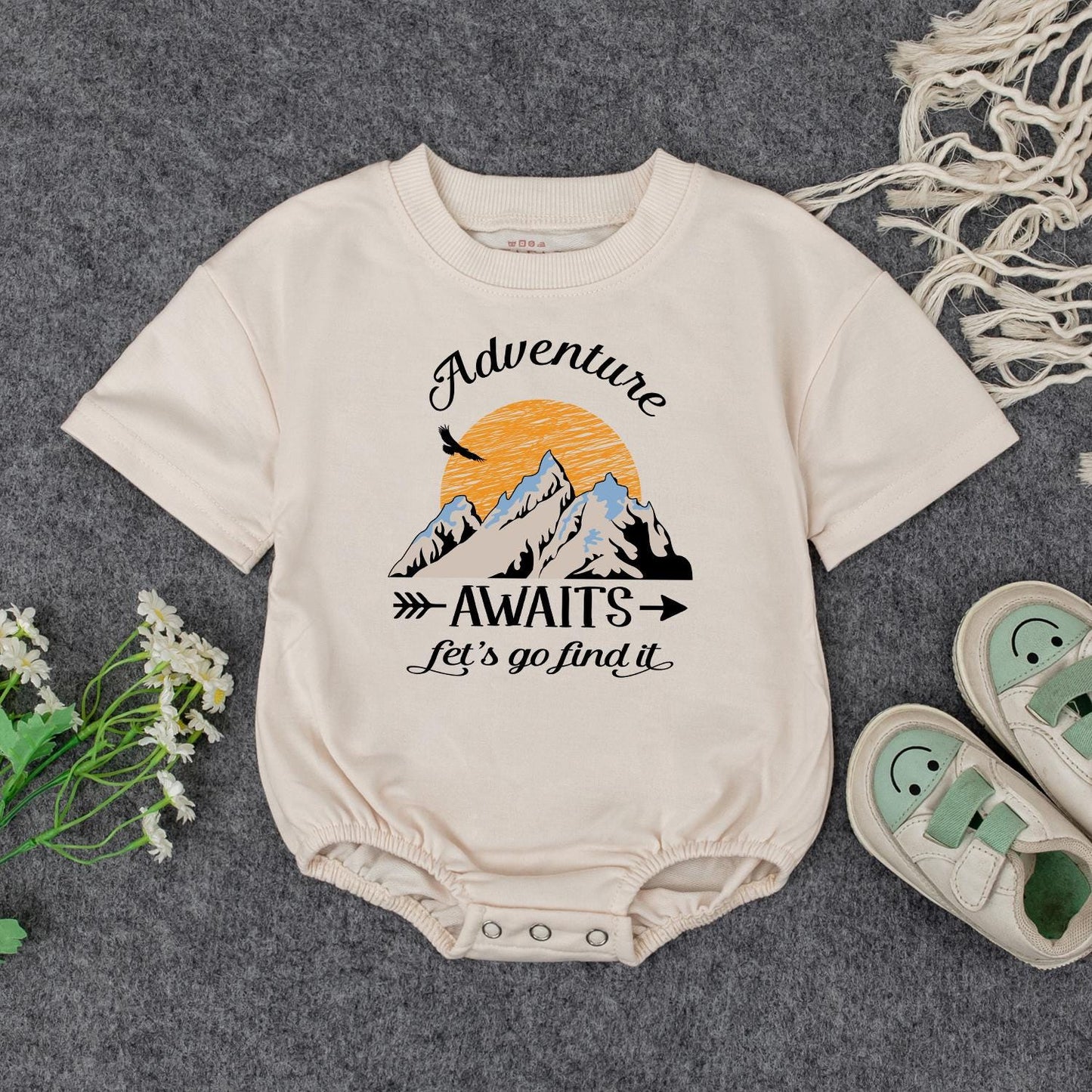 Adventure Awaits Baby Romper: Mountain Print Toddler Outfit for Exploring Let's Go Find It Gift Boy Girl Camping Baby Shower