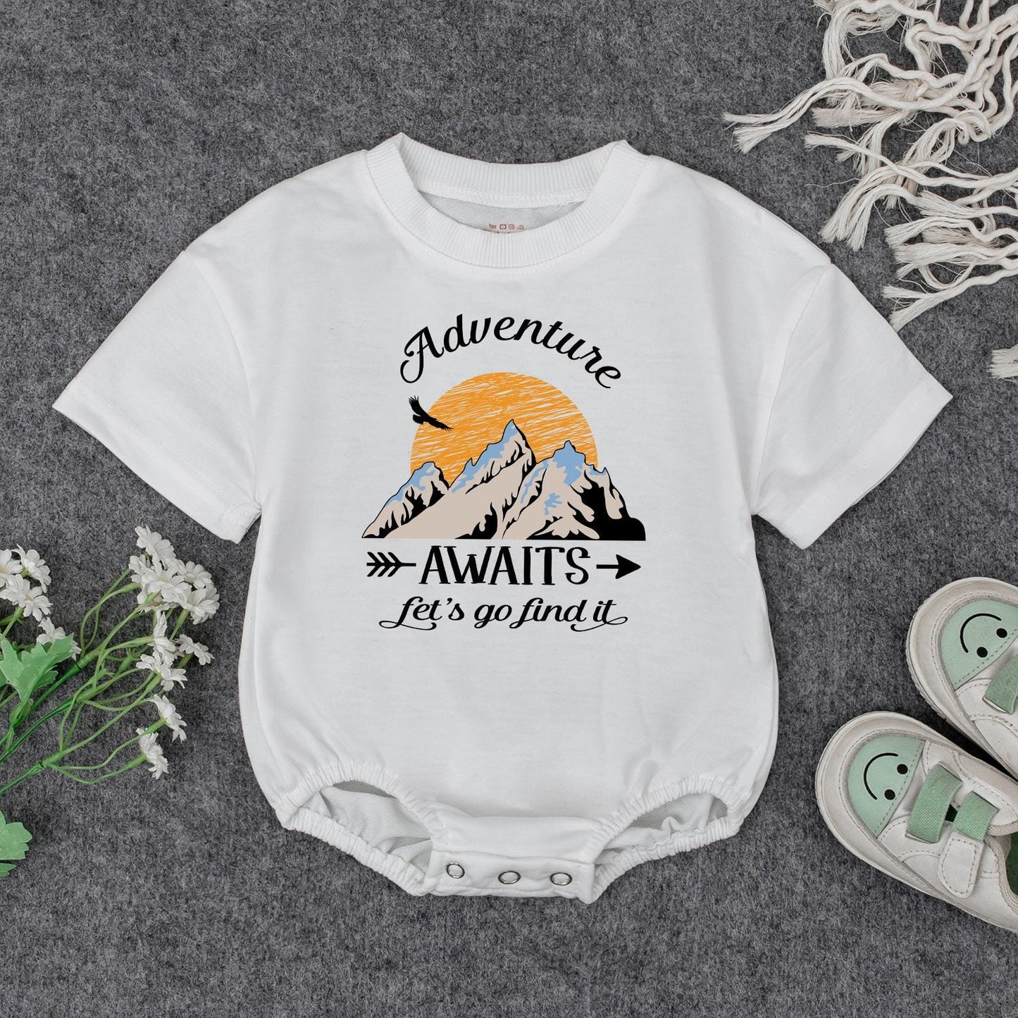 Adventure Awaits Baby Romper: Mountain Print Toddler Outfit for Exploring Let's Go Find It Gift Boy Girl Camping Baby Shower