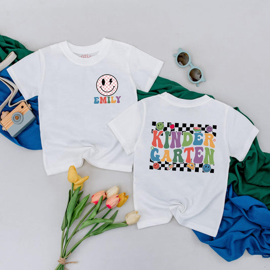 Personalized Kindergarten Shirt Retro Smiley Face Custom Name Toddler Tee Back to School Outfit Gift for Kids Boy Girl First Day