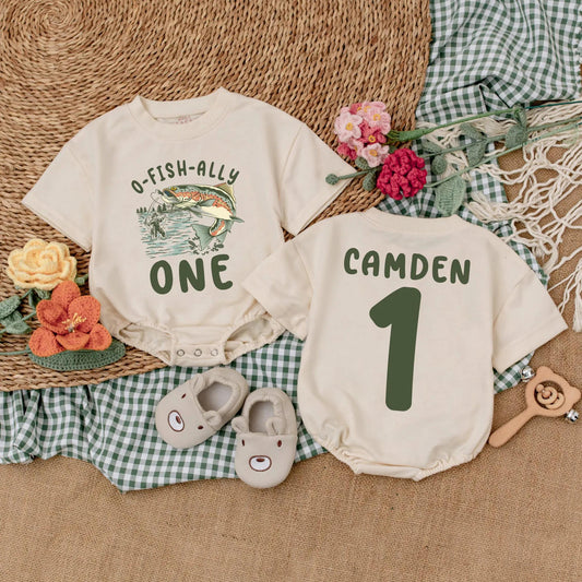 O-Fish-Ally One Fishing Birthday Romper for Baby Boy, Custom Name & Number Crawl Walk Fish Bodysuit Outfit, 1st Birthday
