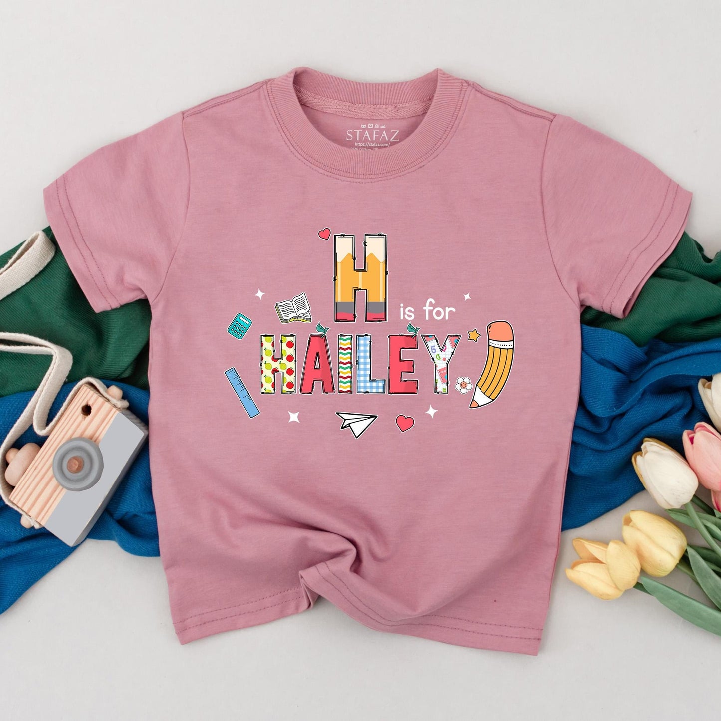 Personalized Kids Name Back To School T-Shirt First Day Outfit Cute Preschool Kindergarten Shirt H Is For Hailey Theme Whimsical