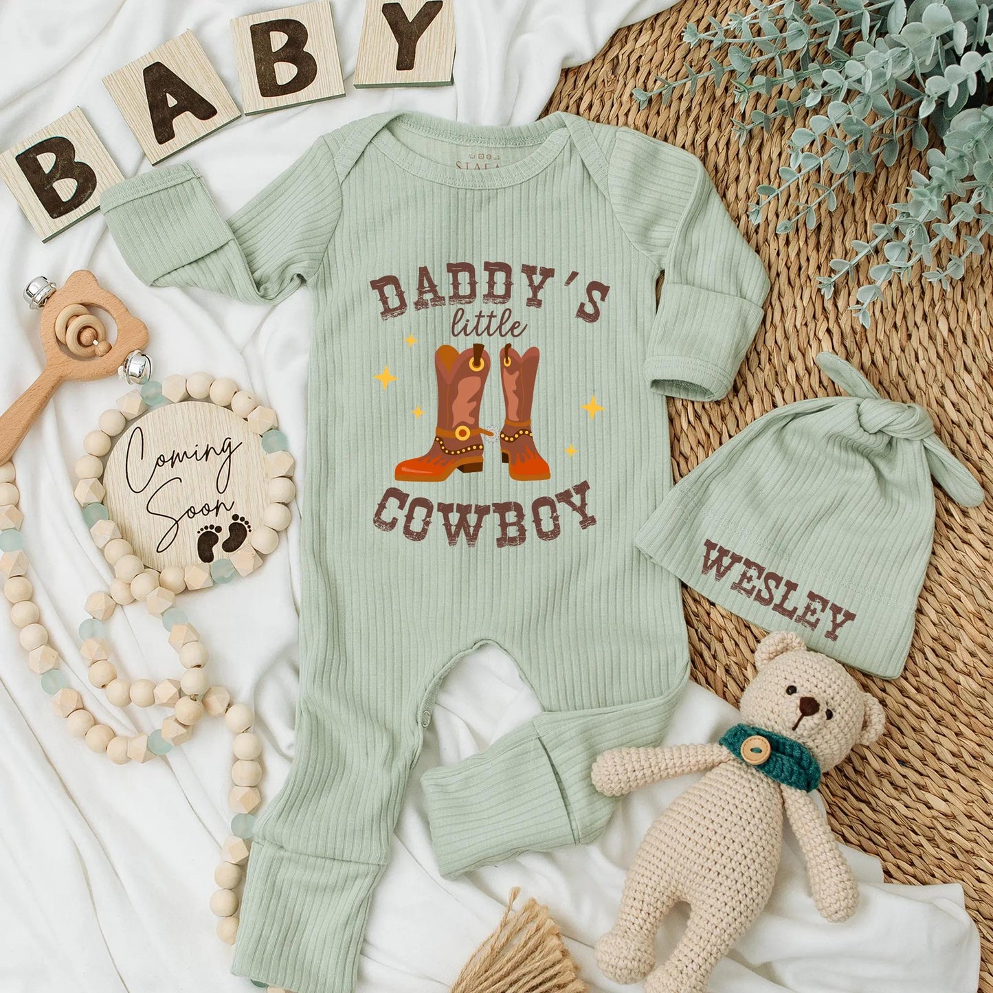 Daddy's Little Cowboy Bodysuit Western Baby Shower Gift Country Baby Clothes Newborn Outfit Rustic Theme Boots Stars Personalized Coming Home Outfit 139