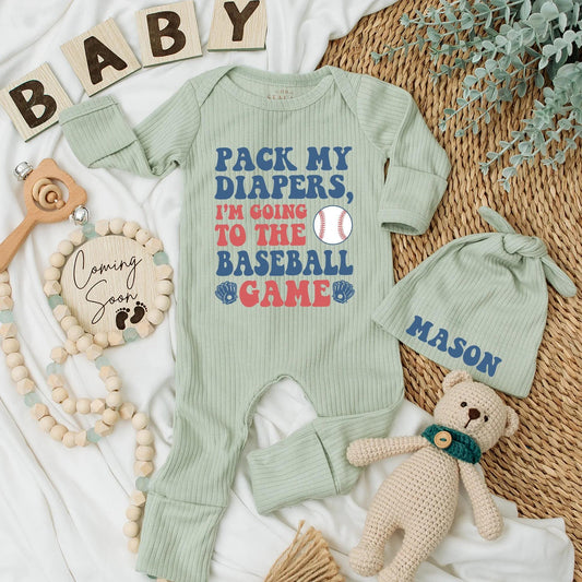 Pack My Diapers Baseball Bodysuit Baby Boy Outfit: Cute Baseball Game Day Clothes, Newborn Boy Gift, Personalized Coming Home Romper (Blue & Red)