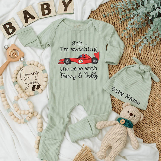 Shh! I'm Watching the Race with Mommy & Daddy Bodysuit - Cute Red Race Car Newborn Outfit, Funny Baby Romper Gift for Little Speedsters (137 chars)