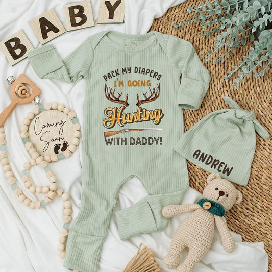 Pack My Diapers I'm Going Hunting With Daddy Bodysuit Funny Baby Boy Outfit with Antlers Rifle Golden Text Newborn Gift for Hunter Dad