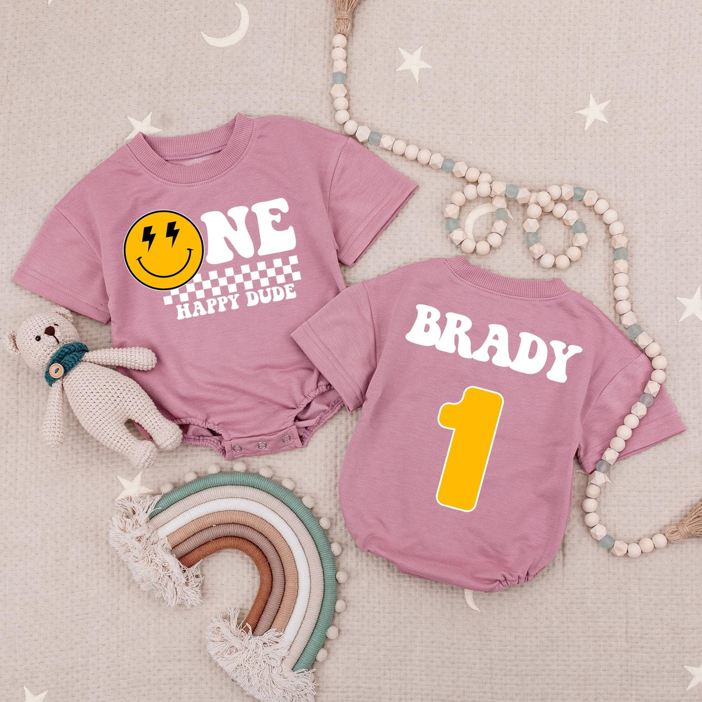 Custom Brady 1st Birthday Romper One Happy Dude Smiley Face Retro Baby Outfit First Birthday Boy Gift