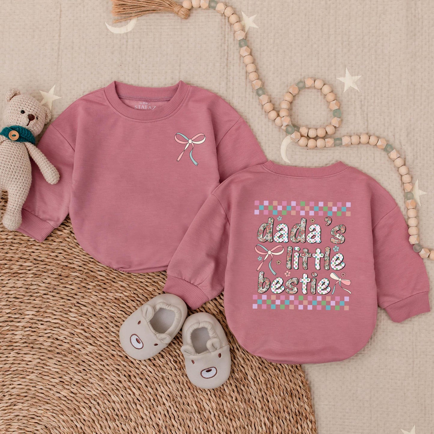Dada's Little Bestie Bubble Romper Baby Girl Outfit, Pastel Checkerboard Floral Print Pink Blue Ribbon Accents Father's Day Gift Infant Clothes