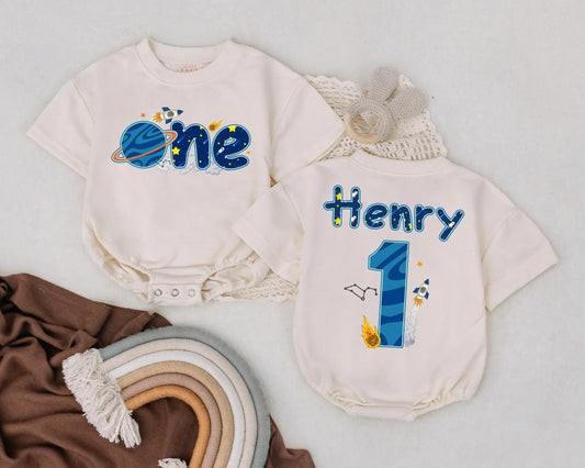 Outer Space First Birthday Bubble Romper Personalized Rocket Planet Baby Boy Outfit for Space Party Two Sided 1st Birthday Gift