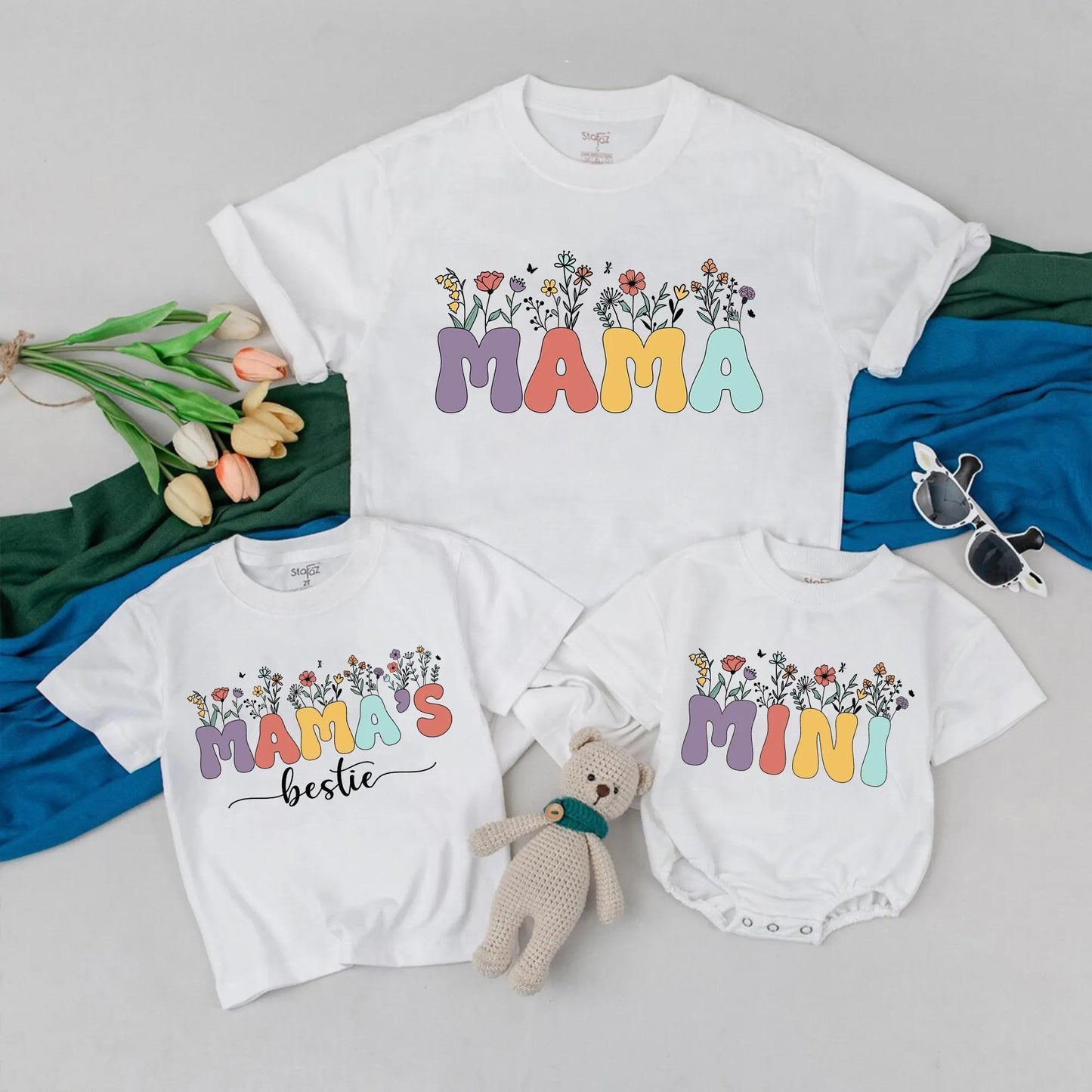 Personalized Mama and Mini Flower T-Shirts and Romper Matching Mom Daughter Outfit First Mother's Day Gift for New Moms Comfortable Cotton Set