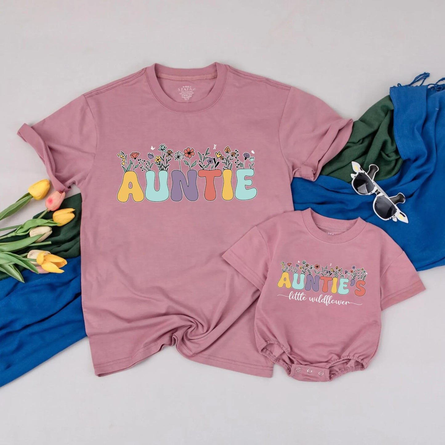 Personalized Auntie and Auntie's Little Wildflower Matching T-Shirts Auntie's Bestie Romper Aunt Nephew Tees Aunt Niece Gift