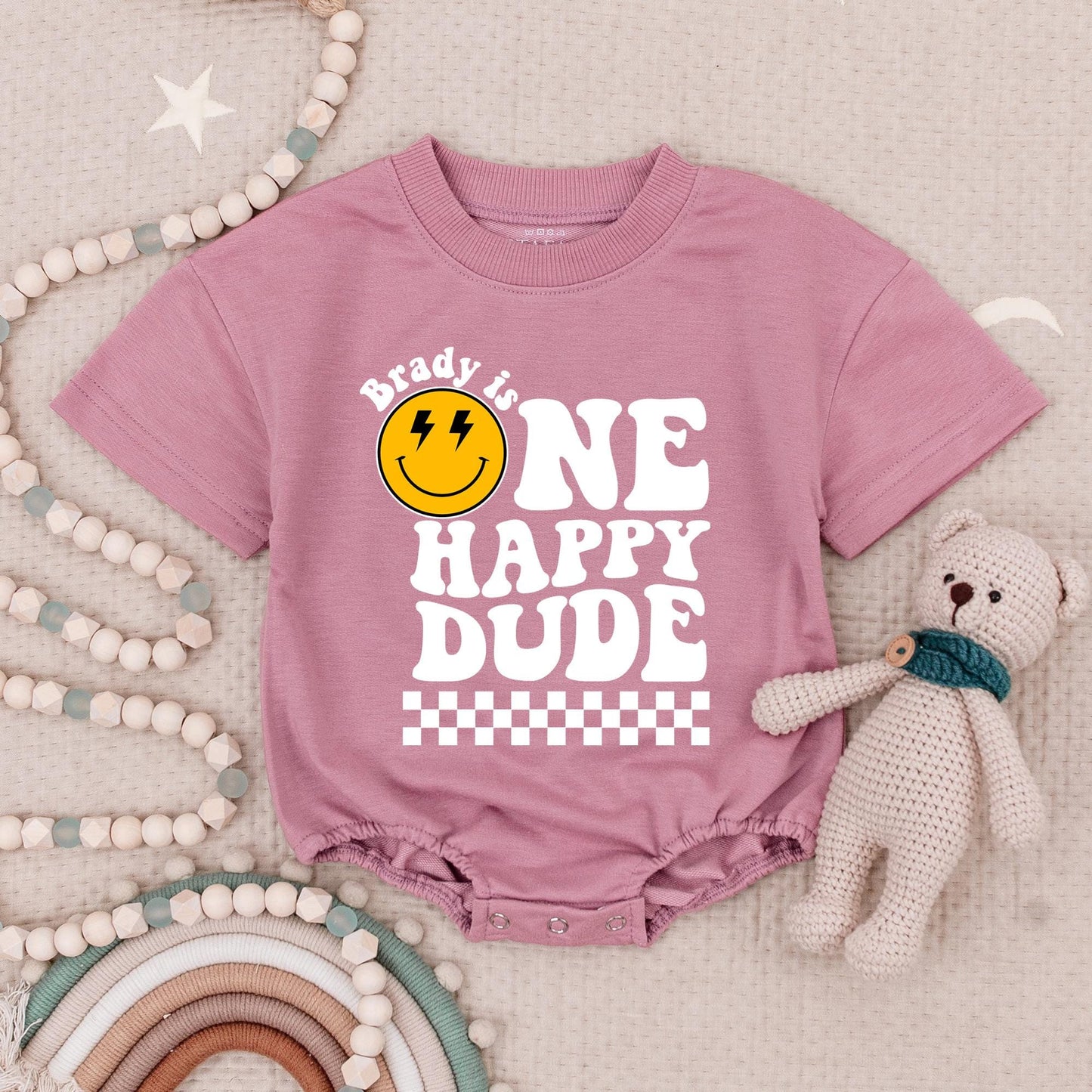 One Happy Dude Birthday Bodysuit Retro Smiley Face First Birthday Outfit Baby Boy Black and White Checkered Birthday Party Outfit Comfortable Cotton Gift (140 chars)