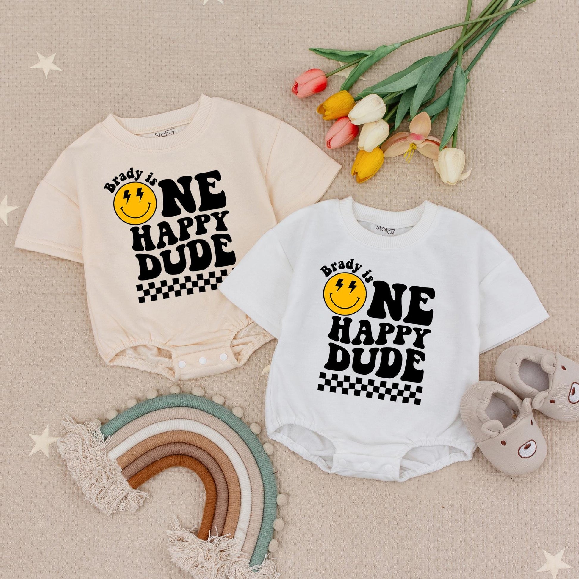 One Happy Dude Birthday Bodysuit Retro Smiley Face First Birthday Outfit Baby Boy Black and White Checkered Birthday Party Outfit Comfortable Cotton Gift (140 chars)