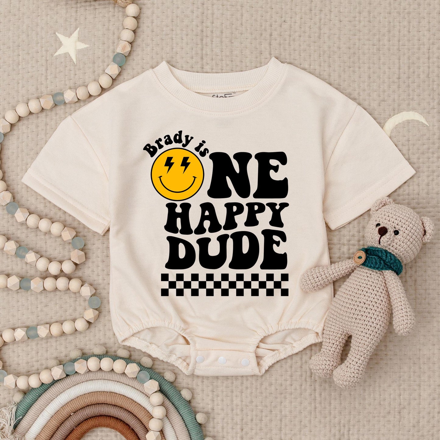 One Happy Dude Birthday Bodysuit Retro Smiley Face First Birthday Outfit Baby Boy Black and White Checkered Birthday Party Outfit Comfortable Cotton Gift (140 chars)