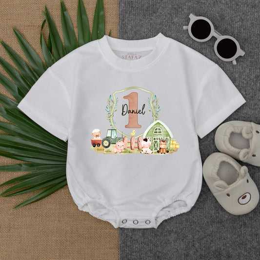 First Farm Birthday Boy Bubble Romper Cute Tractor Design Baby Toddler Outfit Comfortable Cotton Soft Gift Idea for 1st Farm Celebration