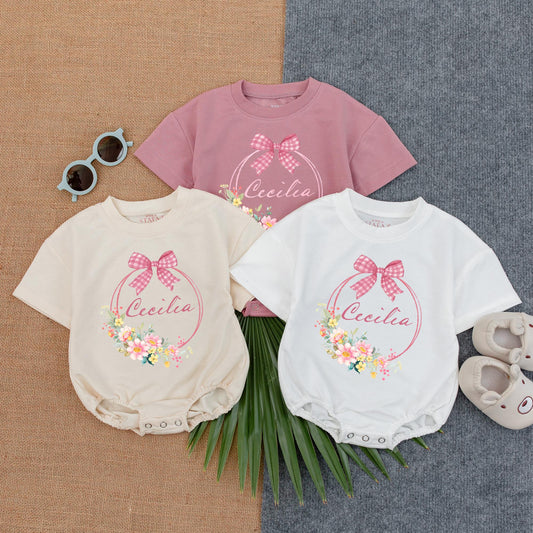 Personalized Baby Girl Romper Cecilia's Floral Wreath Outfit, Gingham Bow, Custom Name Infant Bodysuit, Baby Shower Gift, Cute Newborn Clothes, Pink Flowers