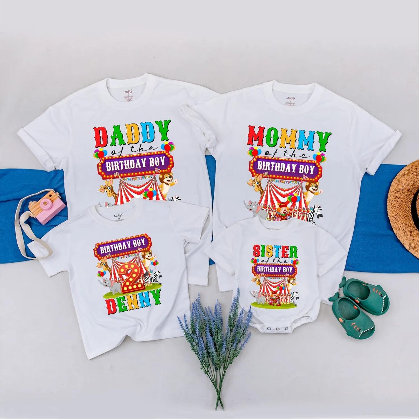 Circus Birthday Matching Family Shirts, Custom Name & Age Outfit, Carnival Party Tees for Birthday Boy, Mommy, Daddy, Sister, Personalized Celebration (139 chars)