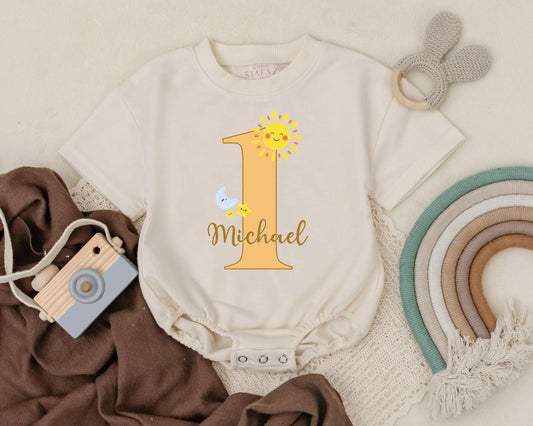 Personalized Sunshine 1st Birthday Outfit Baby Boy, Custom Name Romper, Smash Cake Clothes, First Trip Around the Sun Gift (138 chars)