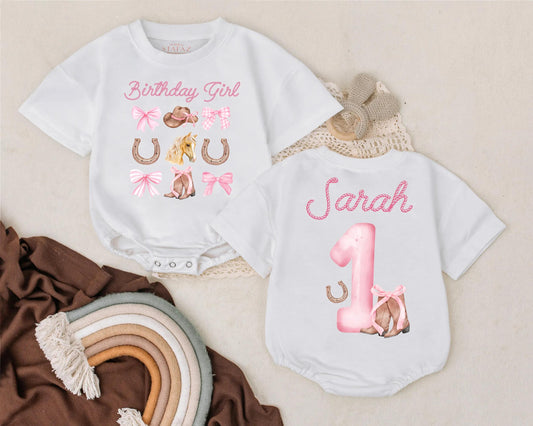 Custom Birthday Cowgirl Bubble Romper Western Baby Girl Outfit Rodeo Theme Country Clothes Personalized Name Gift