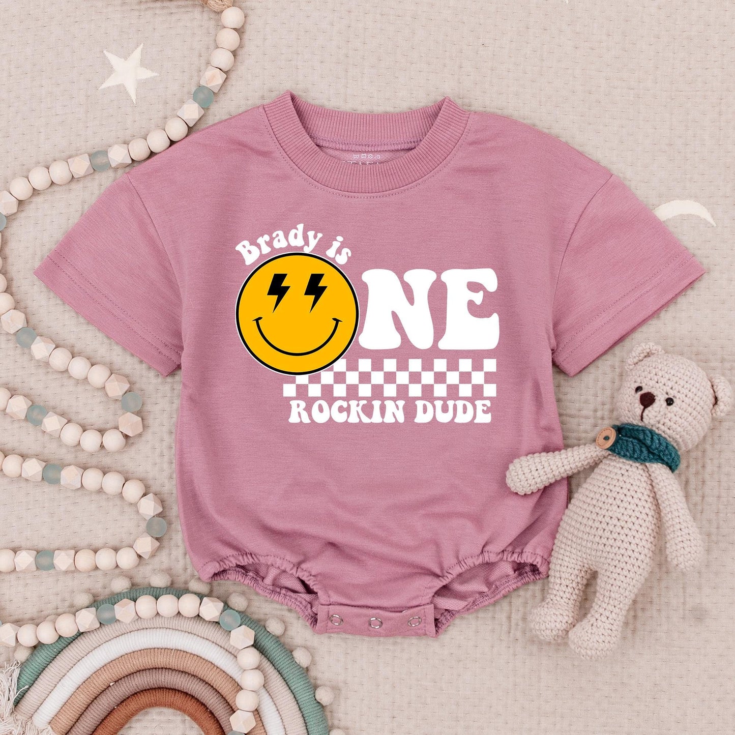 One Rockin Dude Personalized Birthday Romper, Retro Smiley Face First Birthday Outfit, Custom Name Checkered Baby Boy Gift, Groovy ONE Babysuit 138 chars