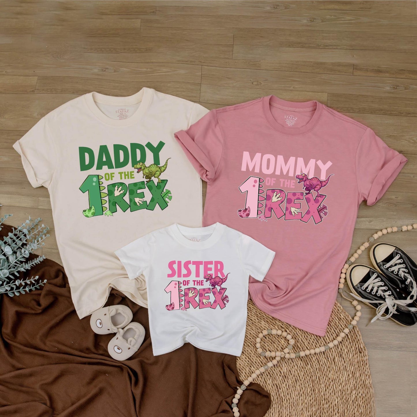 Personalized Three Rex Birthday Shirts - Matching Dinosaur Family Tees - Custom Name Age Outfit, Mom Dad Brother Sister Shirts Cotton Comfort 138