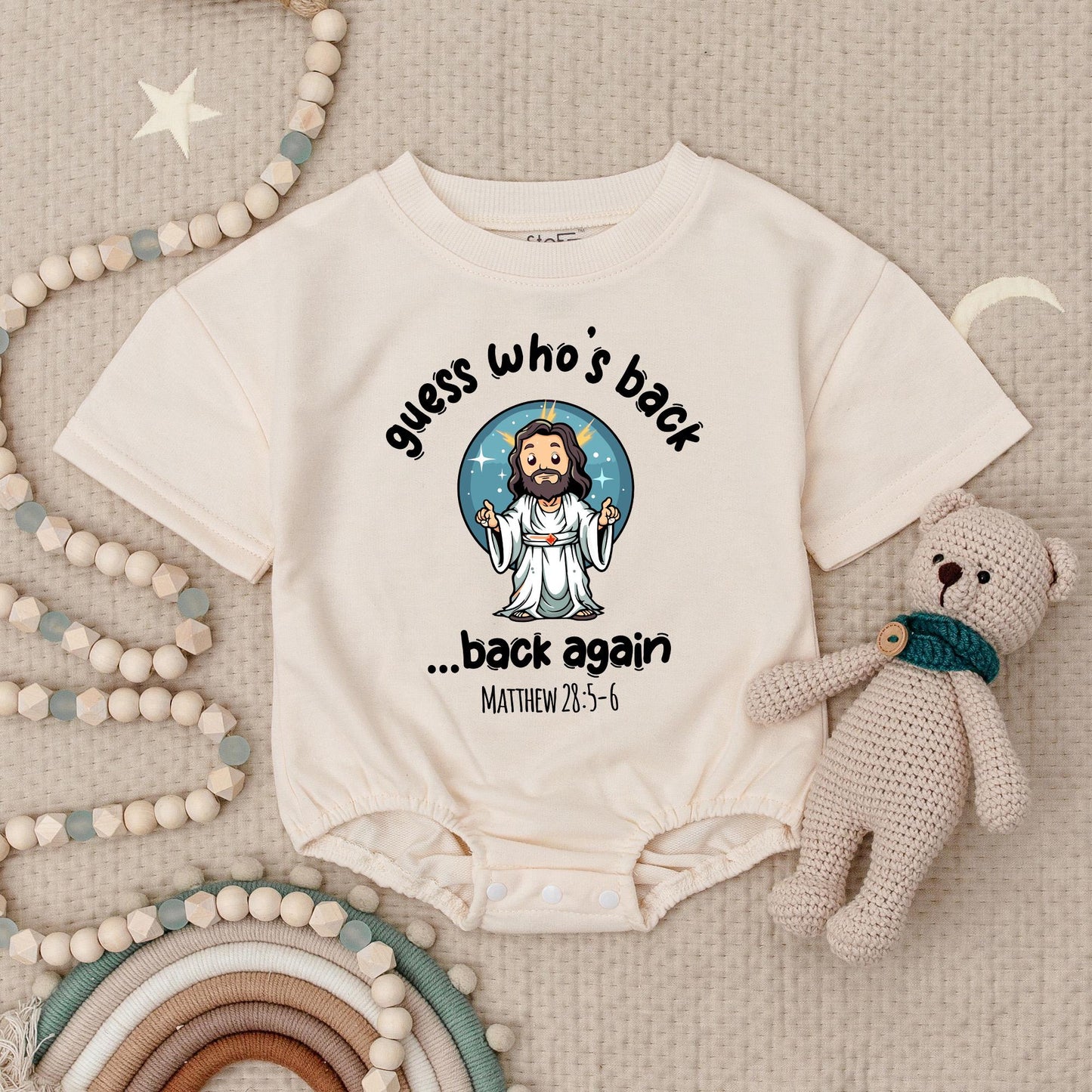 He's Back! Funny Jesus Baby Romper, Cartoon Christian Bodysuit with Matthew 28:5-6 Verse, Religious Newborn Outfit, Easter Gift, Soft Cotton 138