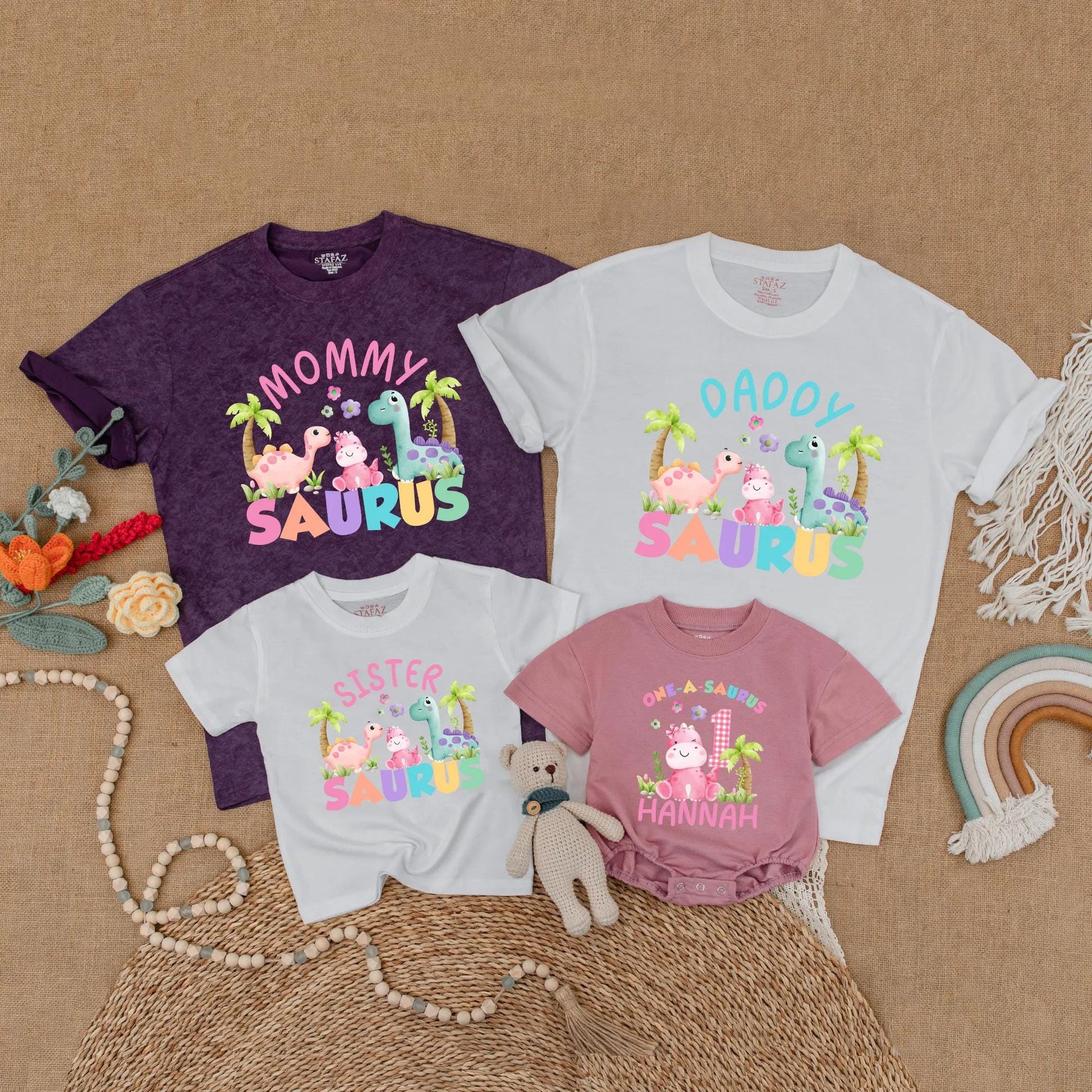 Matching Dinosaur Family Birthday Shirts: One-a-Saurus Romper with Name for Baby Girl First Birthday Outfit, Daddy Saurus & More