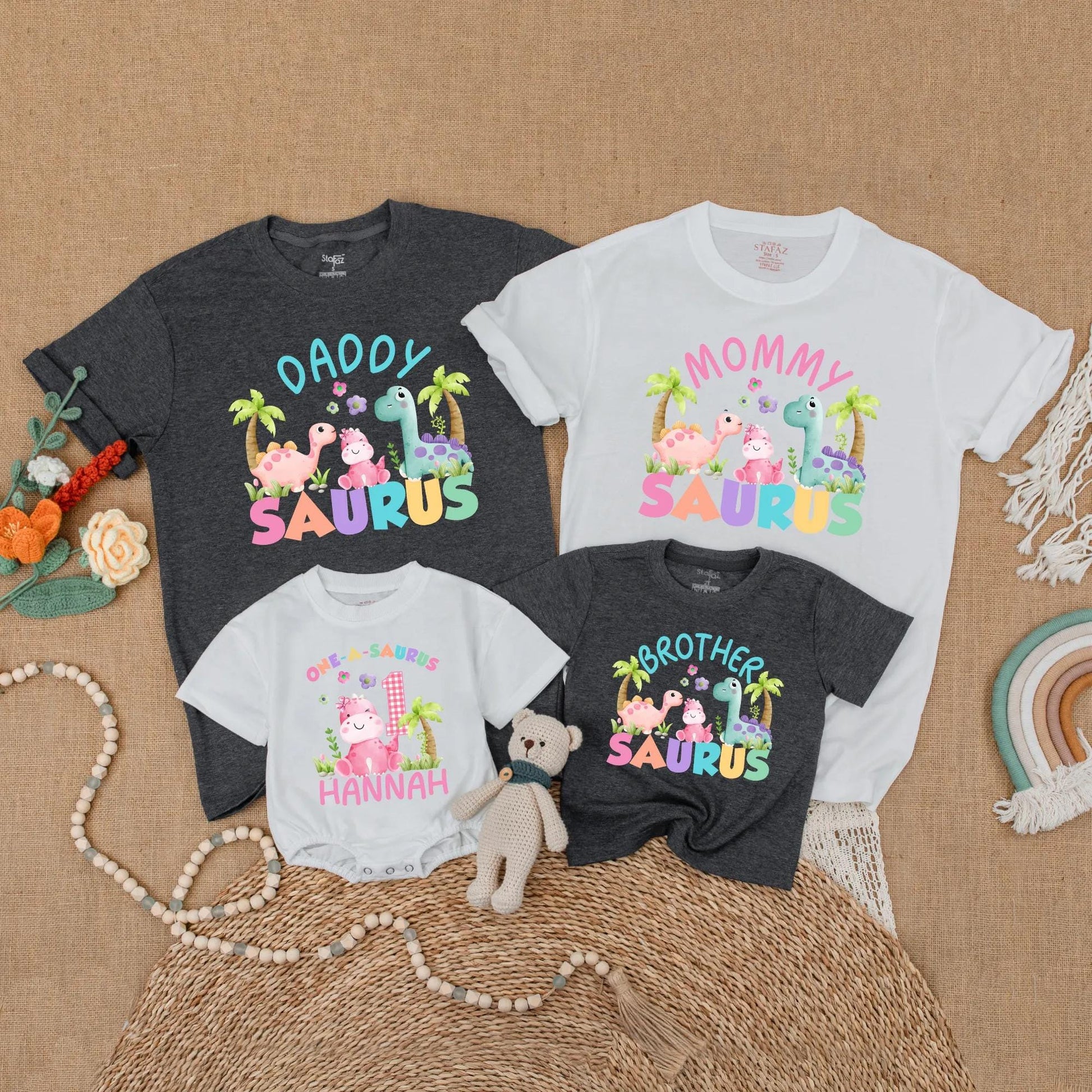 Matching Dinosaur Family Birthday Shirts: One-a-Saurus Romper with Name for Baby Girl First Birthday Outfit, Daddy Saurus & More