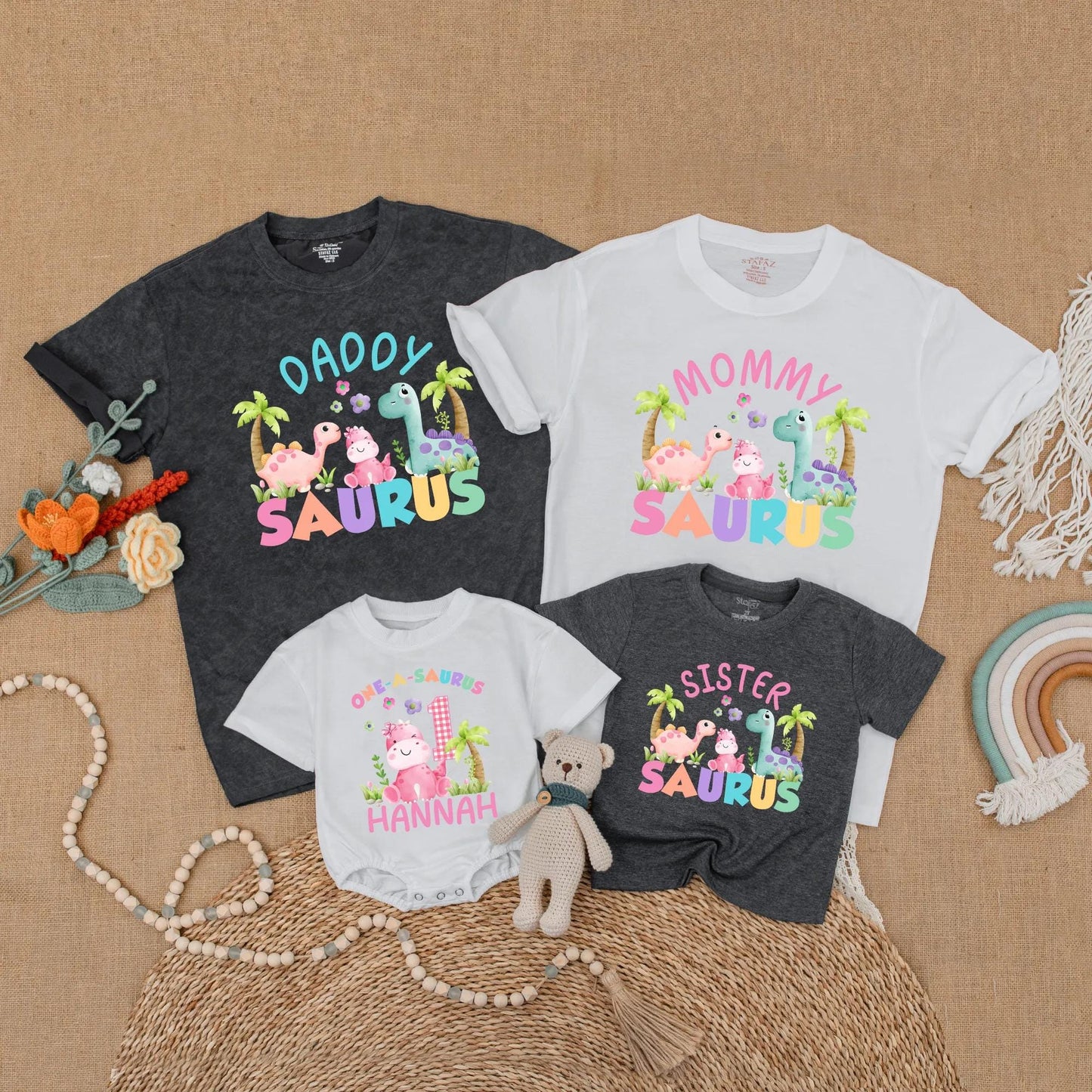 Matching Dinosaur Family Birthday Shirts: One-a-Saurus Romper with Name for Baby Girl First Birthday Outfit, Daddy Saurus & More