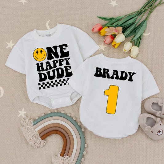 Custom One Happy Dude Baby Bodysuit Retro Smiley Face Lightning Eyes First Birthday Outfit Black Checkered Yellow Number One Design