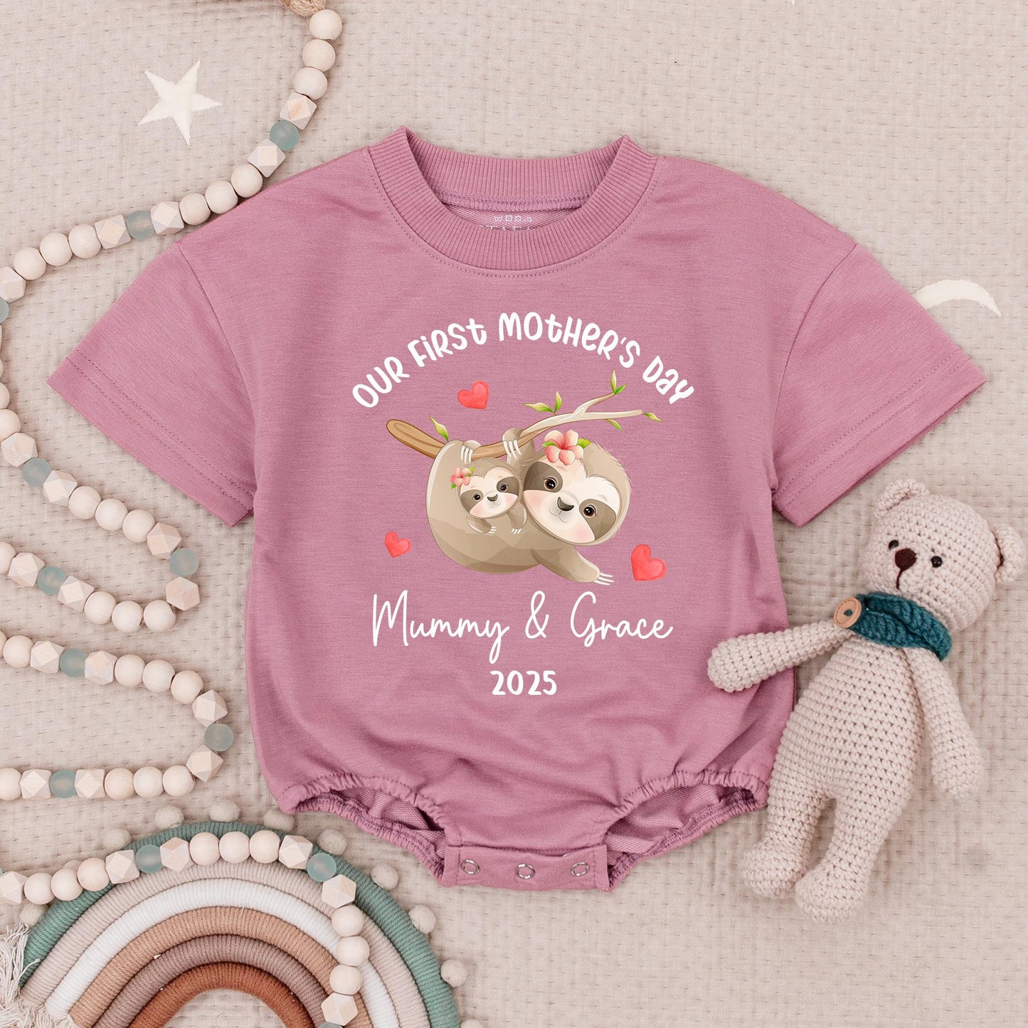 Our First Mother's Day Sloth Baby Romper - Mummy & Grace 2025 Bodysuit with Hearts, Sweet Sloth Outfit, Infant Girl or Boy Gift 138 chars