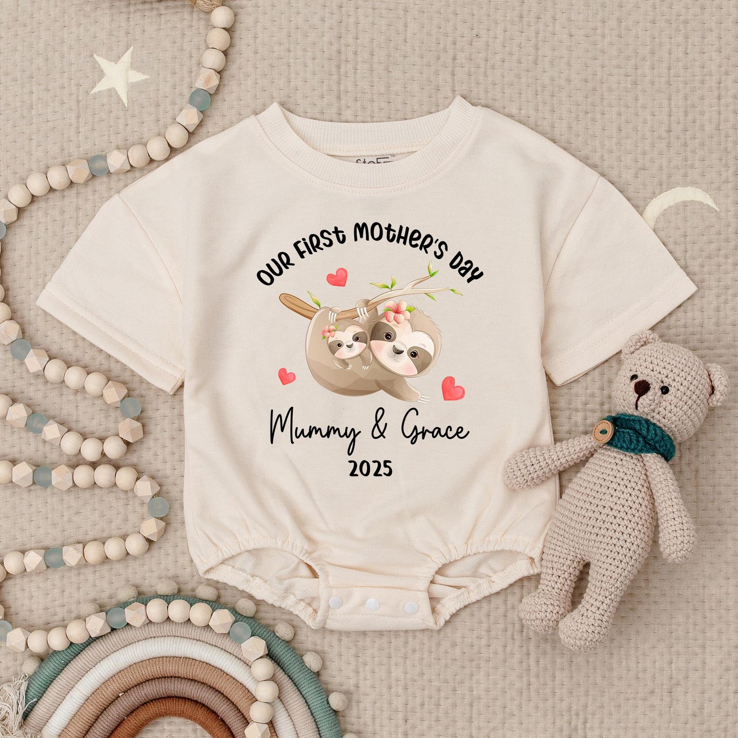 Our First Mother's Day Sloth Baby Romper - Mummy & Grace 2025 Bodysuit with Hearts, Sweet Sloth Outfit, Infant Girl or Boy Gift 138 chars