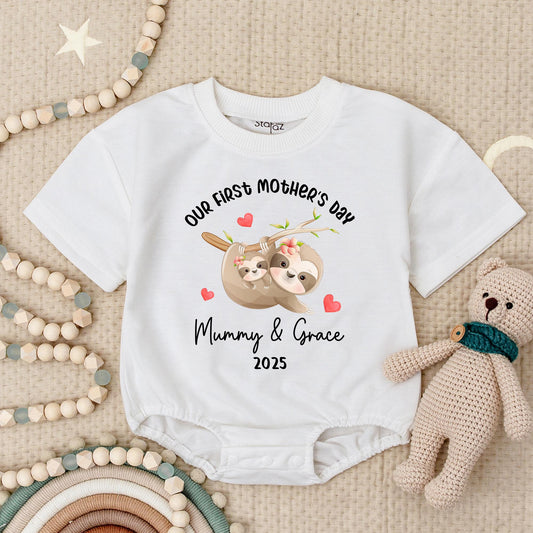 Our First Mother's Day Sloth Baby Romper - Mummy & Grace 2025 Bodysuit with Hearts, Sweet Sloth Outfit, Infant Girl or Boy Gift 138 chars