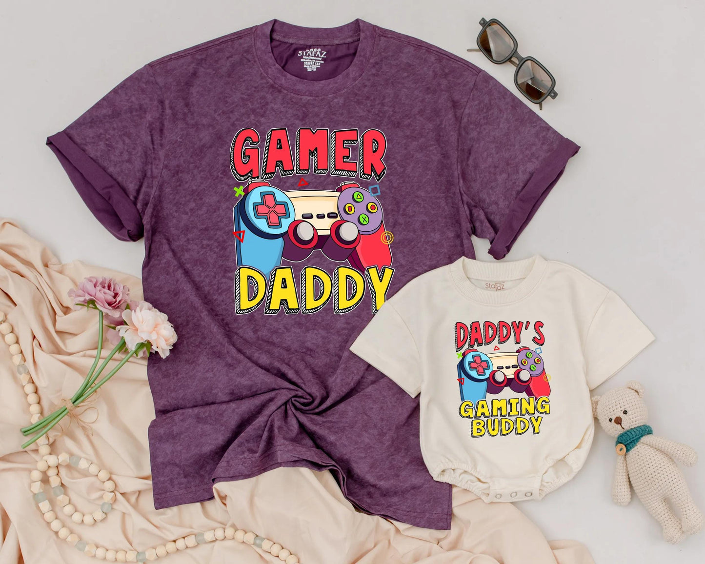 Gamer Daddy & Baby Matching Shirt Father Son Gaming Outfit Daddy’s Gaming Buddy Bubble Romper for New Dad Father’s Day Gift