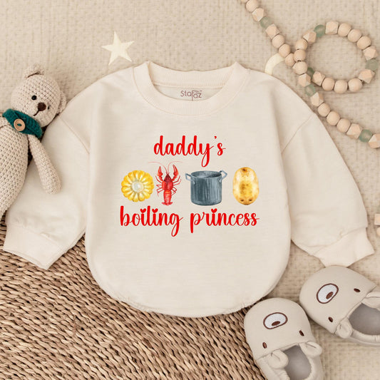 Baby Girl Daddy's Crawfish Boil Princess Bubble Romper First Father's Day Gift Daddy's Little Girl Seafood Outfit Cute Pink