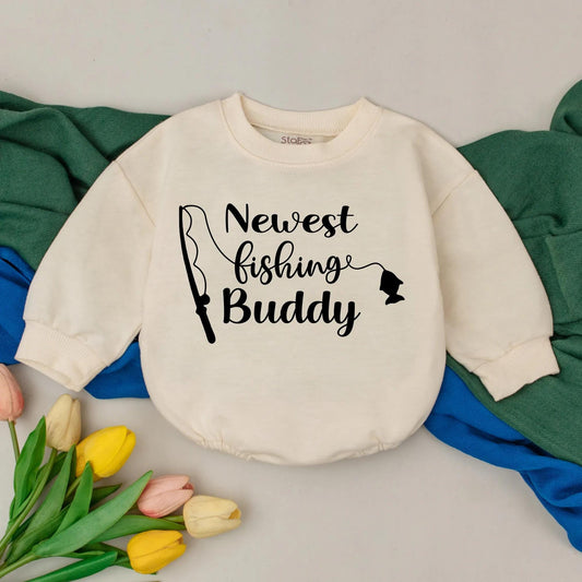 Newest Fishing Buddy Baby Romper for Infants Featuring a "Newest Fishing Buddy" Graphic and Stylized Fishing Rod Daddy's Fishing Buddy Baby Shower Gift