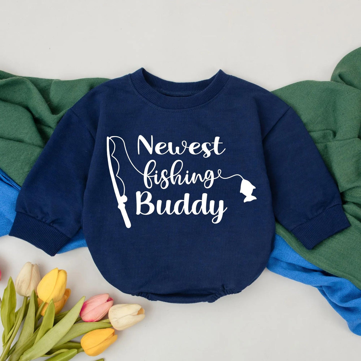 Newest Fishing Buddy Baby Romper for Infants Featuring a "Newest Fishing Buddy" Graphic and Stylized Fishing Rod Daddy's Fishing Buddy Baby Shower Gift