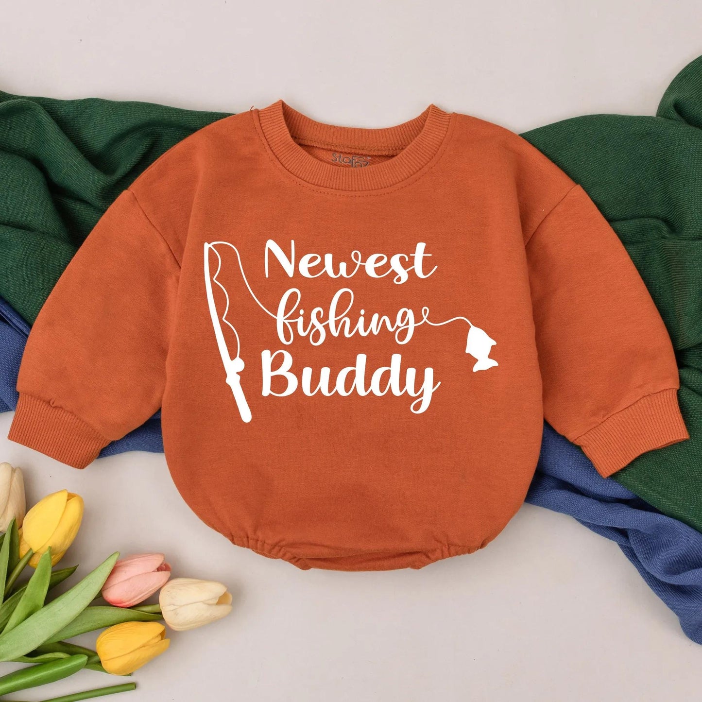 Newest Fishing Buddy Baby Romper for Infants Featuring a "Newest Fishing Buddy" Graphic and Stylized Fishing Rod Daddy's Fishing Buddy Baby Shower Gift