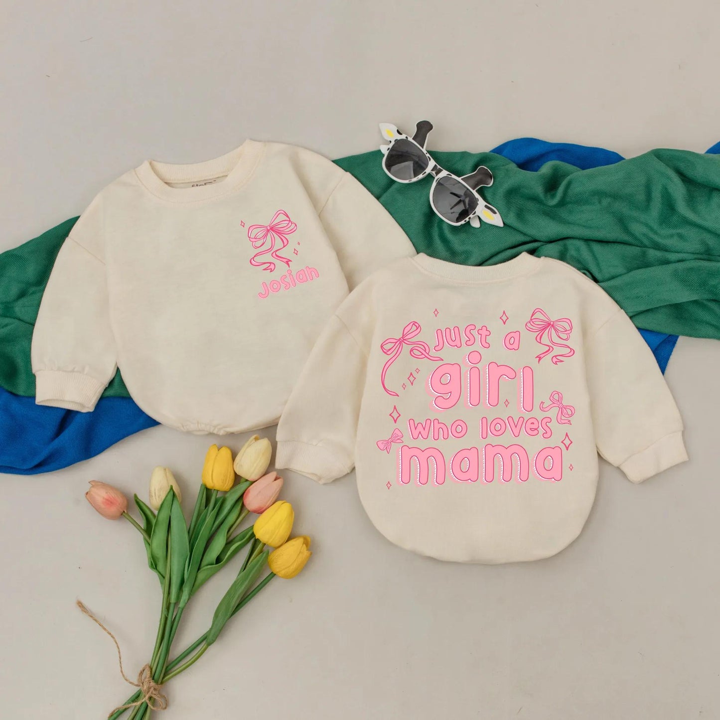 Personalized Just a Girl Who Loves Mama Romper Pink Bow Mommy's Girl Outfit First Mother's Day Gift