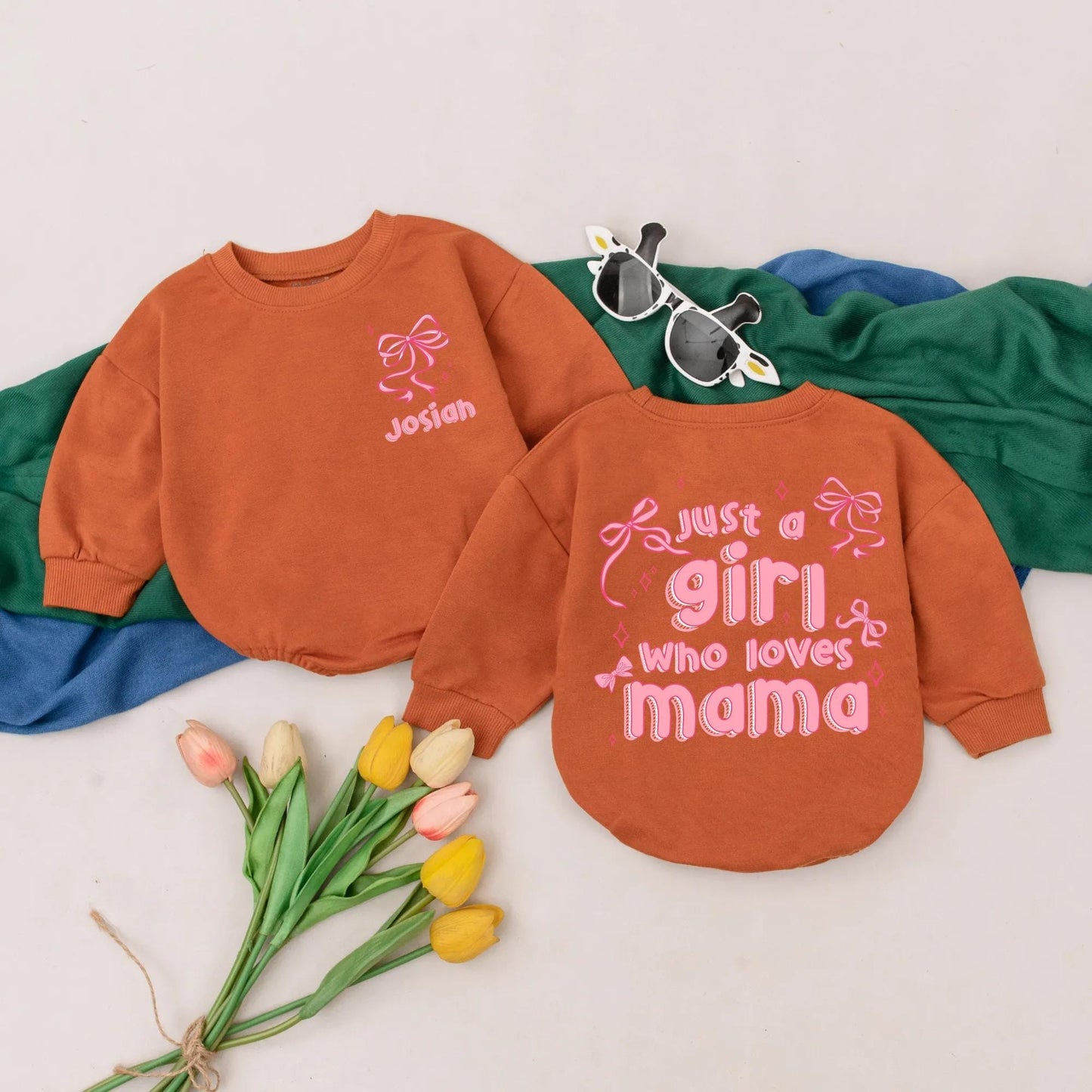 Personalized Just a Girl Who Loves Mama Romper Pink Bow Mommy's Girl Outfit First Mother's Day Gift