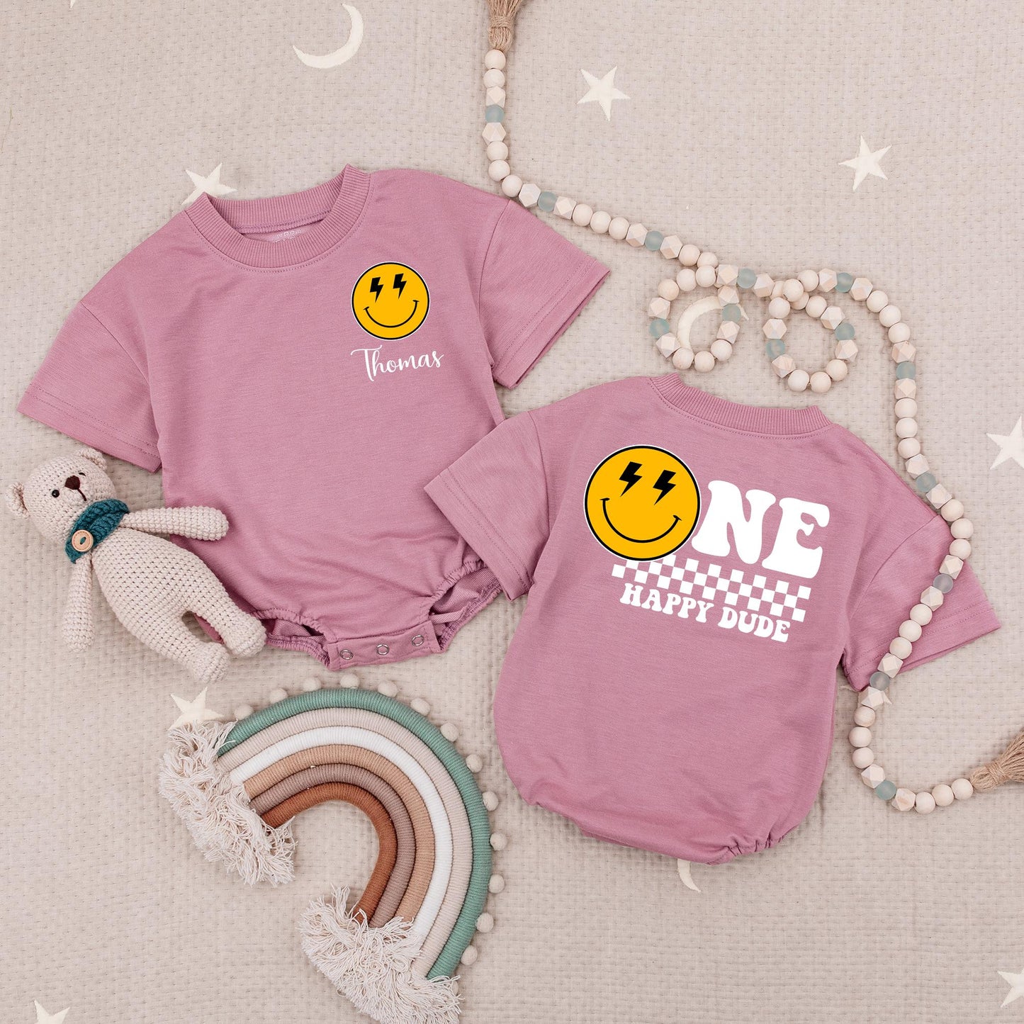 Custom Name One Happy Dude Birthday Romper, Smiley Face Lightning Bolt Eyes 1st Birthday Outfit Baby Boy, Yellow & Black Design